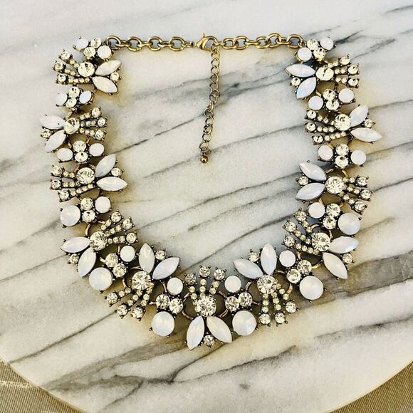 Faux Moonstone Statement Necklace Crystal Bib Glam Holiday Party Evening - Picture 1 of 7